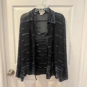 J. Luxmi New York Size L Beaded Sheer Blouse Tank Top Set Black Party Holiday